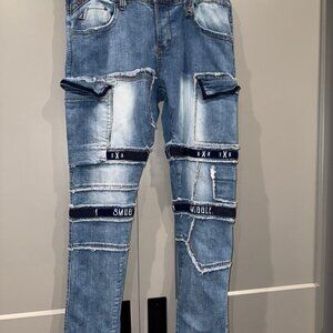 Smugglers Moon Jeans Mens 38x32 Light Wash Distressed Straps Cargo Pockets E13